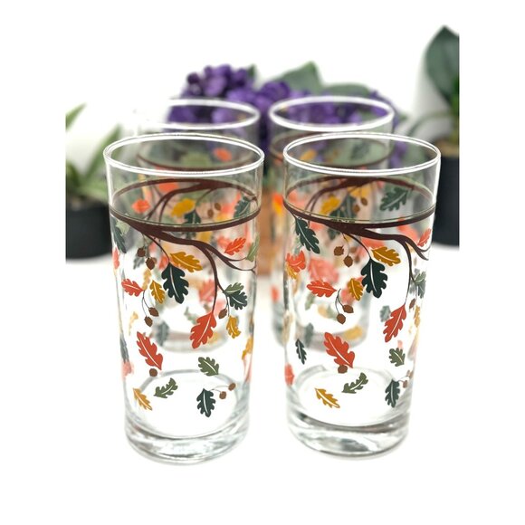 Set Of 4 Vintage Crisa by Libbey Tumblers Glasses Fall Autumn Leaves - Picture 2 of 8